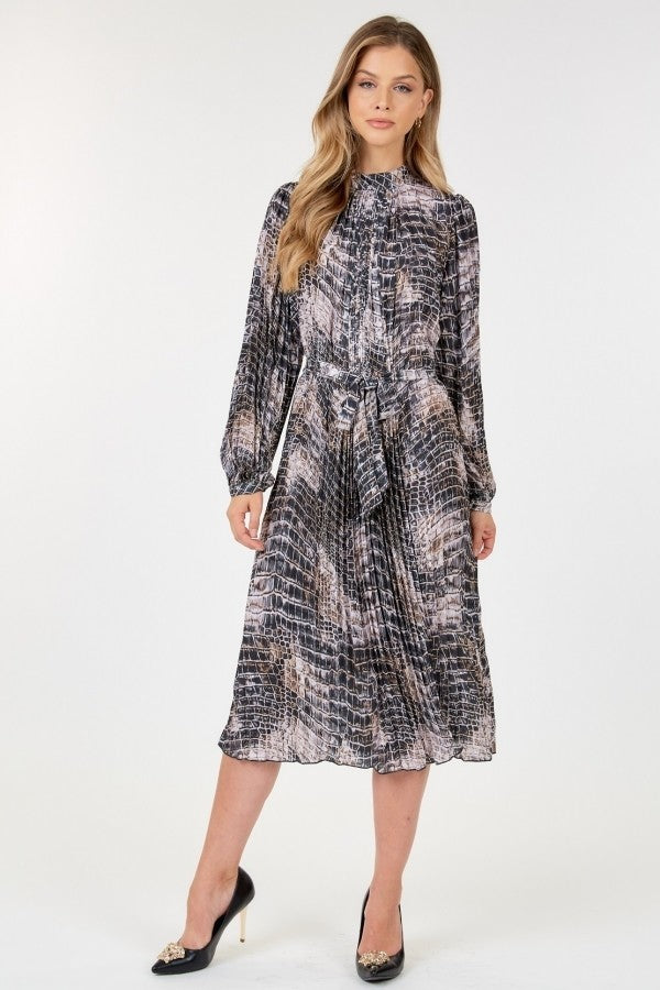 Pleated Snake Print Long Sleeve Midi Dress Secondary image