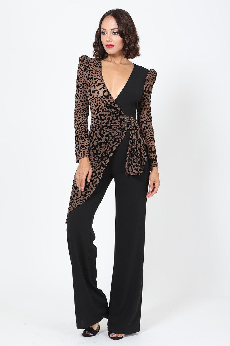 Leopard Print V-Neck Jumpsuit with Buckle Waist Secondary image