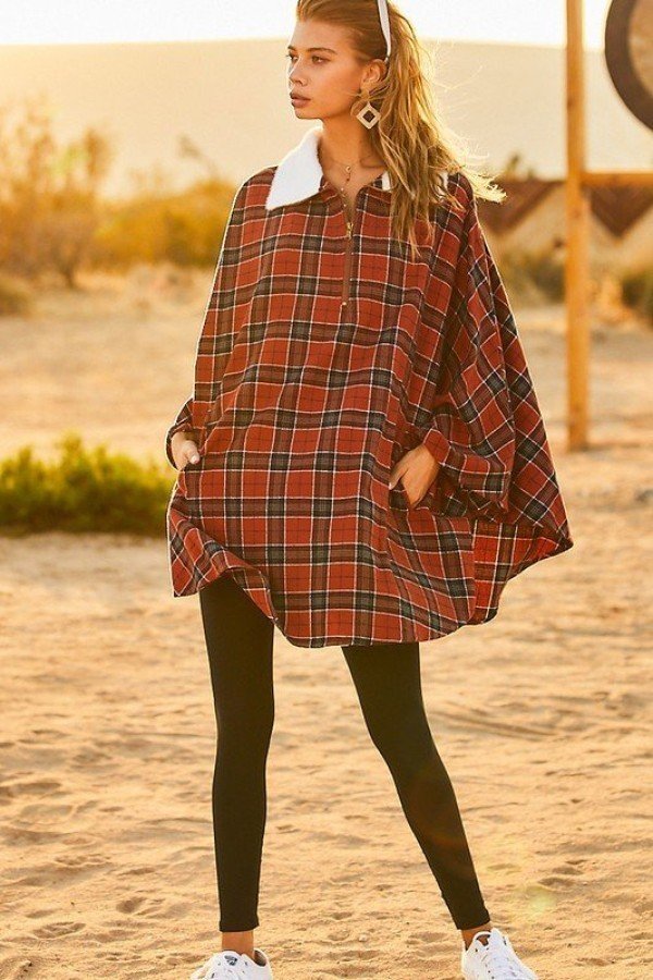Plaid Zip-Front Poncho with Contrast Collar Secondary image