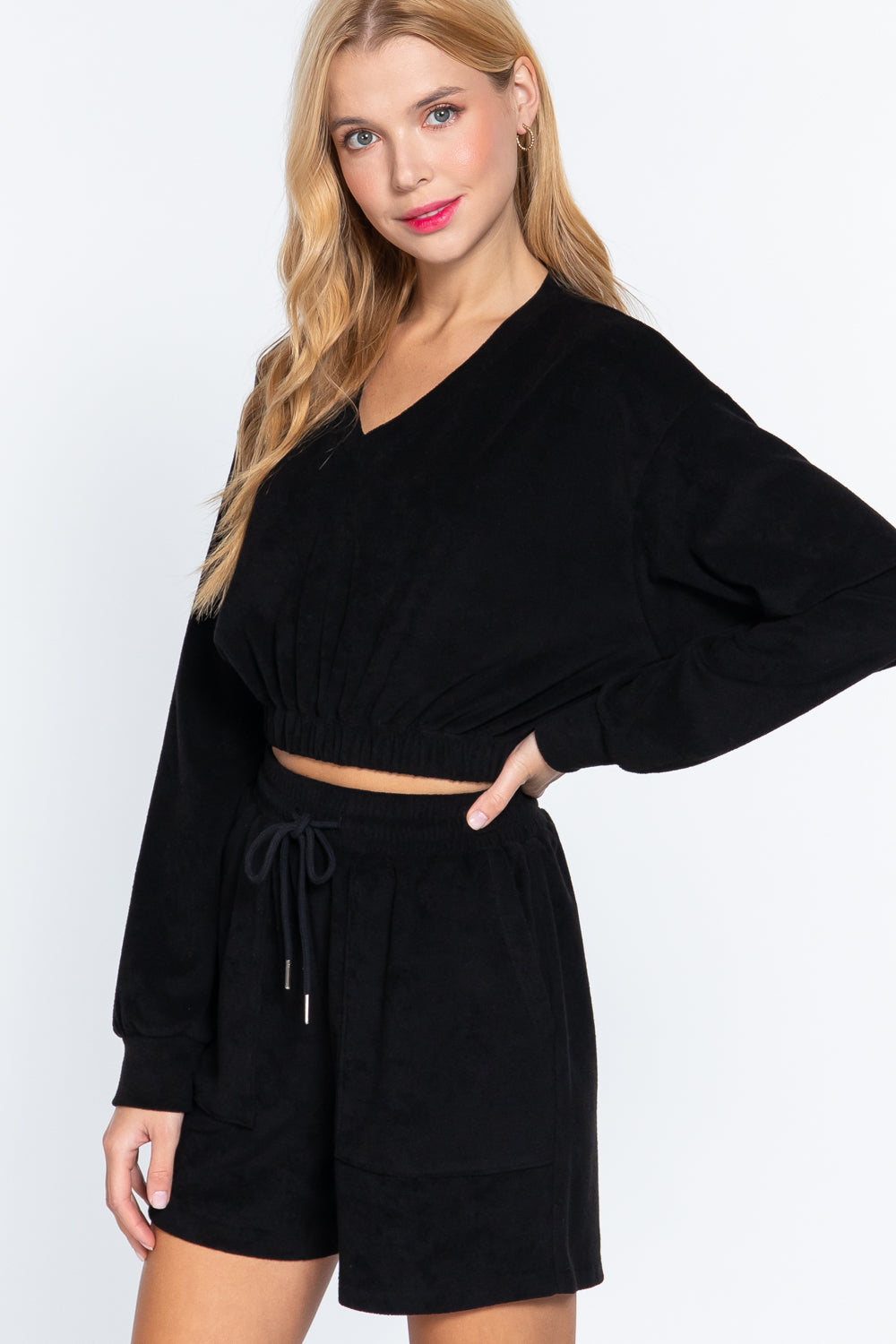 Black V-Neck Terry Knit Top with Elasticized Hem Secondary image