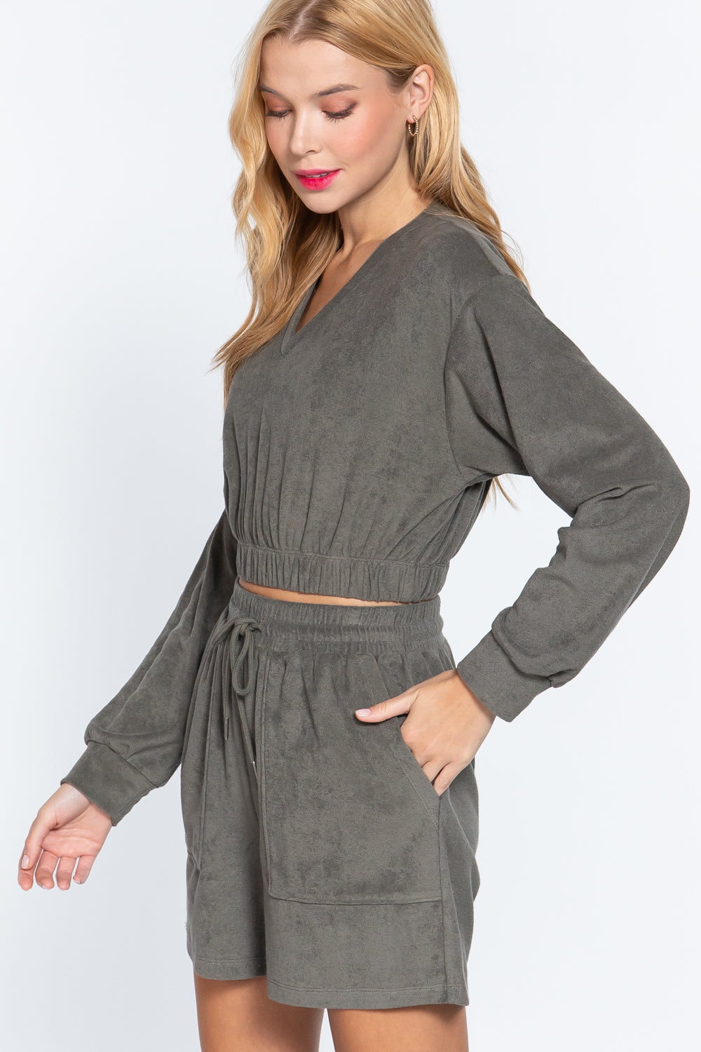 Olive Terry Knit V-Neck Top with Elasticized Hem Secondary image