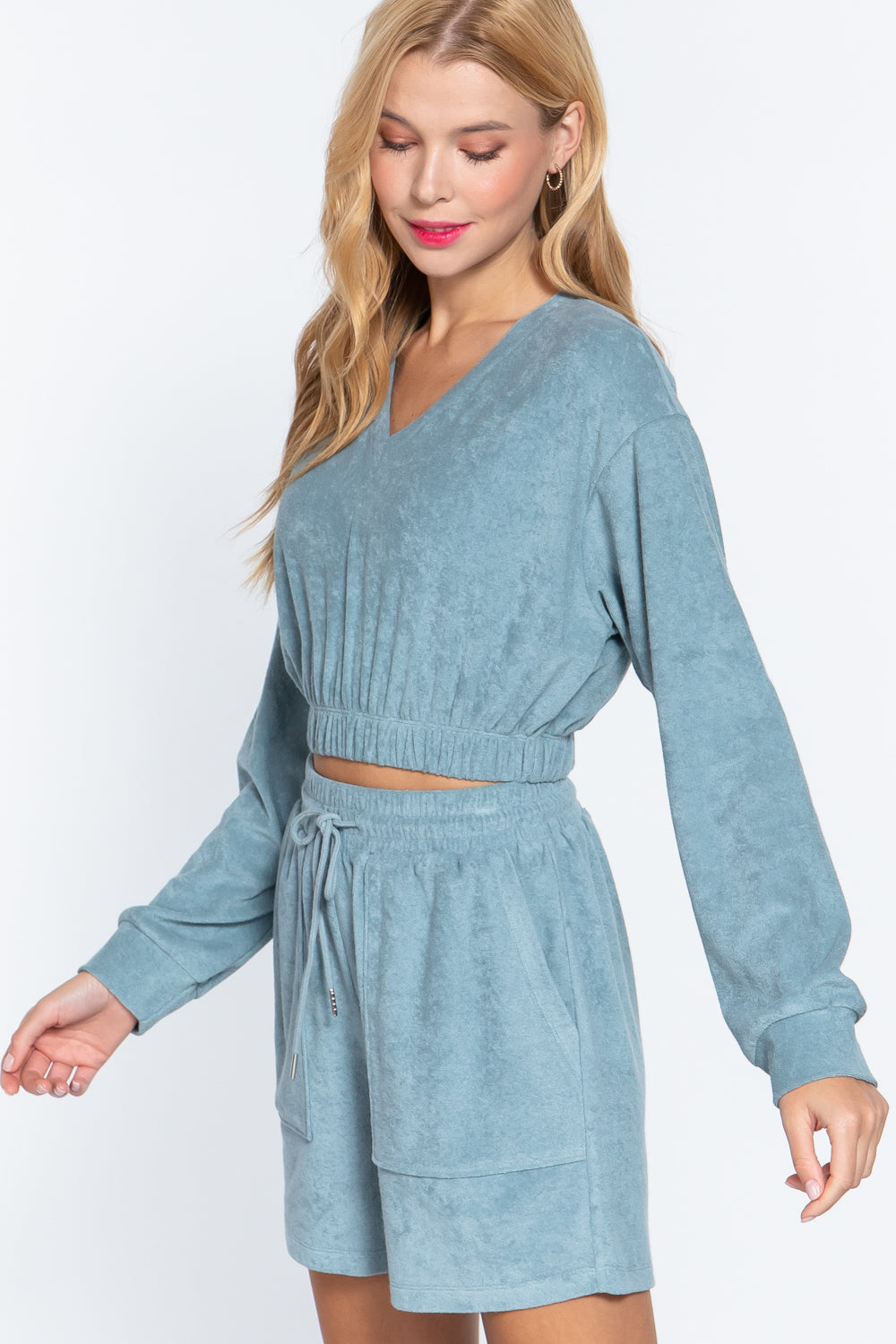 Stone Blue Terry Toweling V-Neck Top Secondary image