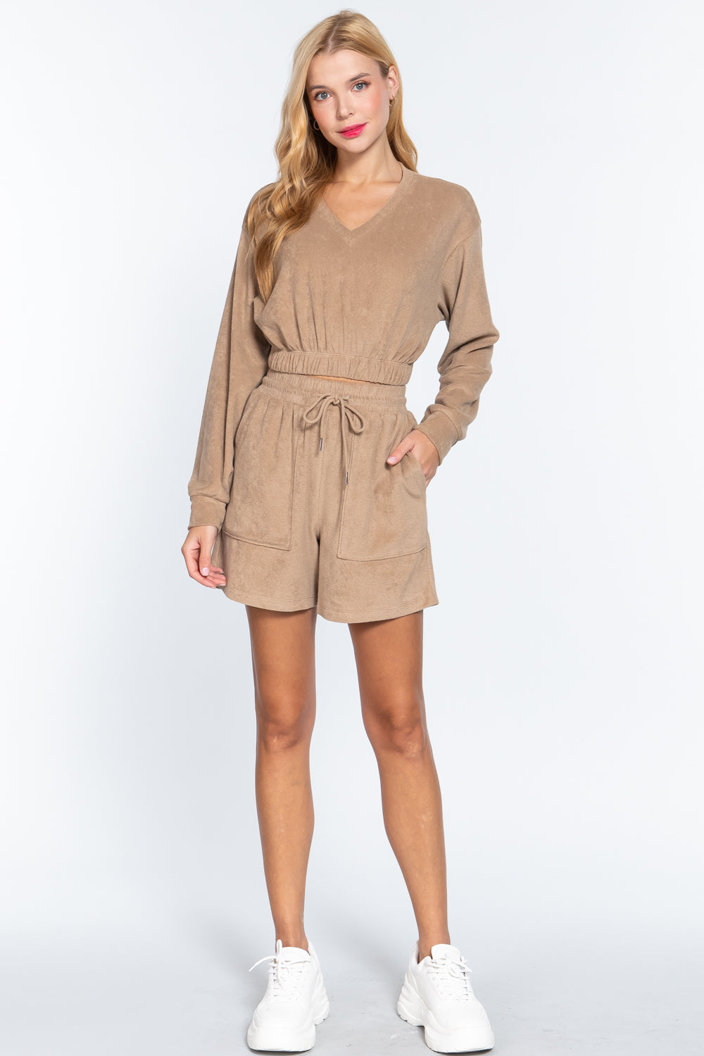 Mocha V-Neck Elastic Hem Terry Top Secondary image