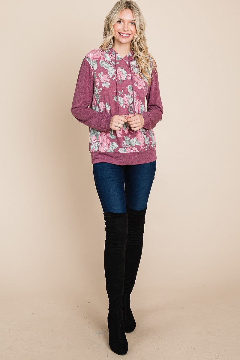 Burgundy Floral Contrast Hoodie With Cuffed Sleeves Secondary image