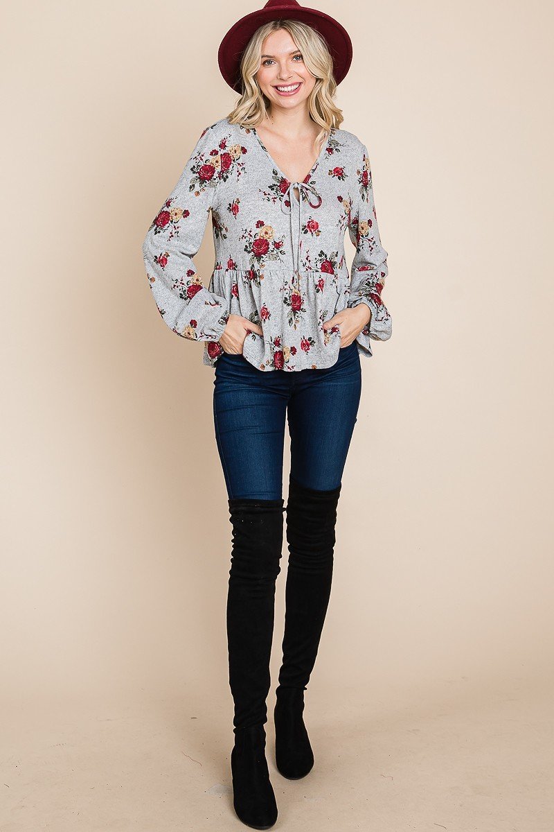 Grey Floral Babydoll Top with Tie Neck and Elastic Cuffs Secondary image