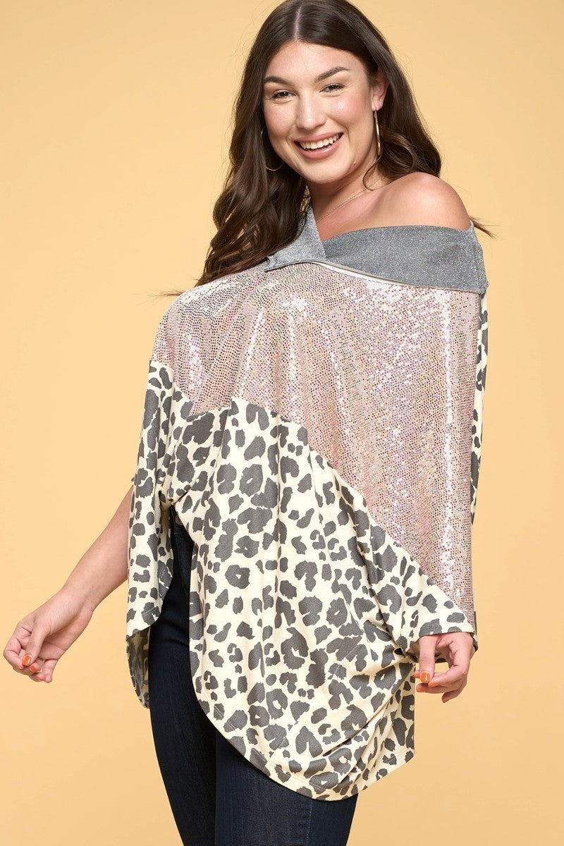 Cream Contrast Leopard Sequin Tunic Top Secondary image