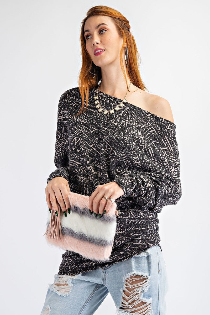Black Tribal Print Dolman Sleeve Knit Top Secondary image