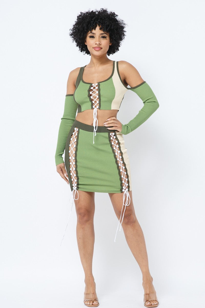 Olive Color-Block Crop Top and Mini Skirt Set Secondary image