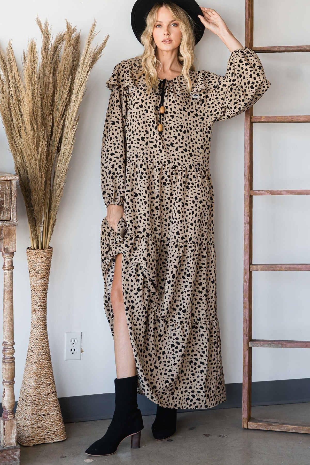 Leopard Print Tiered Maxi Dress With Wooden Bead Drawstring Secondary image