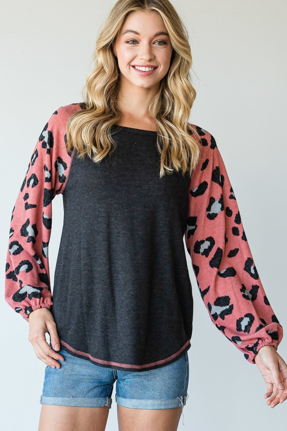 Mauve Animal Print Sleeve Color Block Top Secondary image
