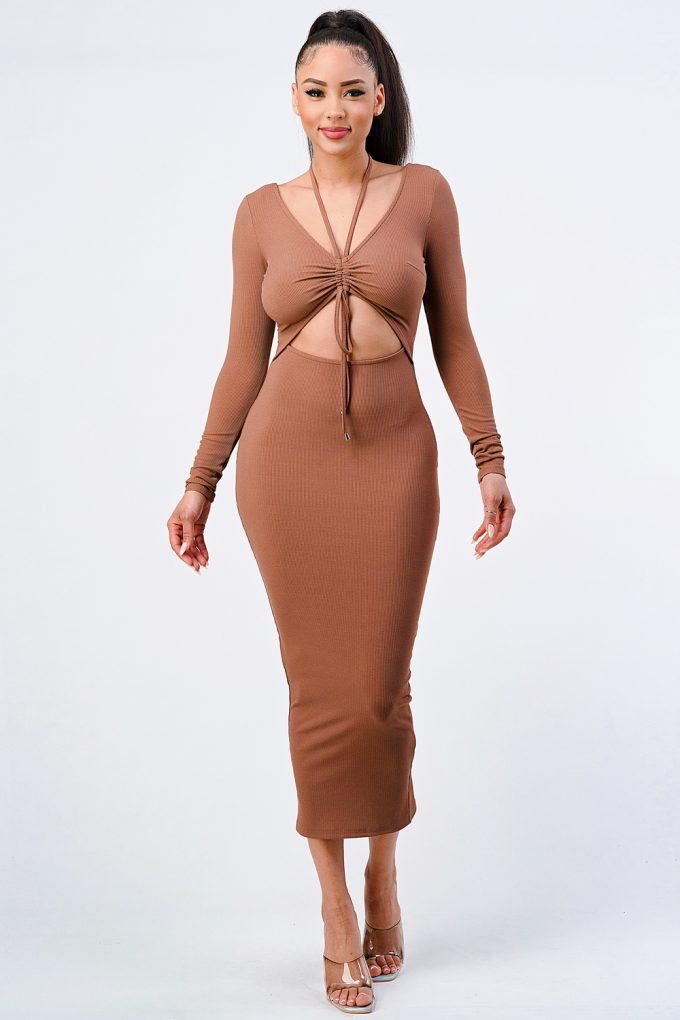 Mocha Shirred Cut-Out Long-Sleeve Midi Dress Secondary image