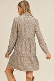 Corduroy Printed Button Down Front Collar Long Sleeve Dress