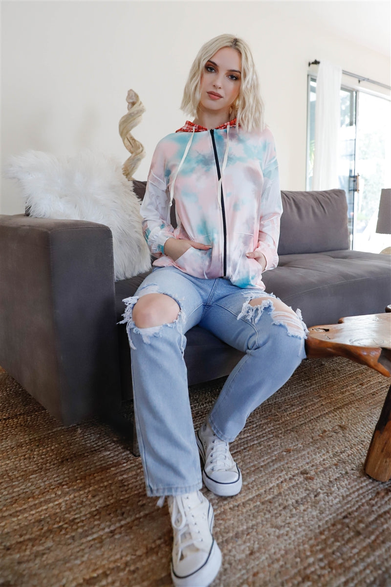 Pastel Tie-Dye Plaid Hooded Zip-Up Sweater Secondary image