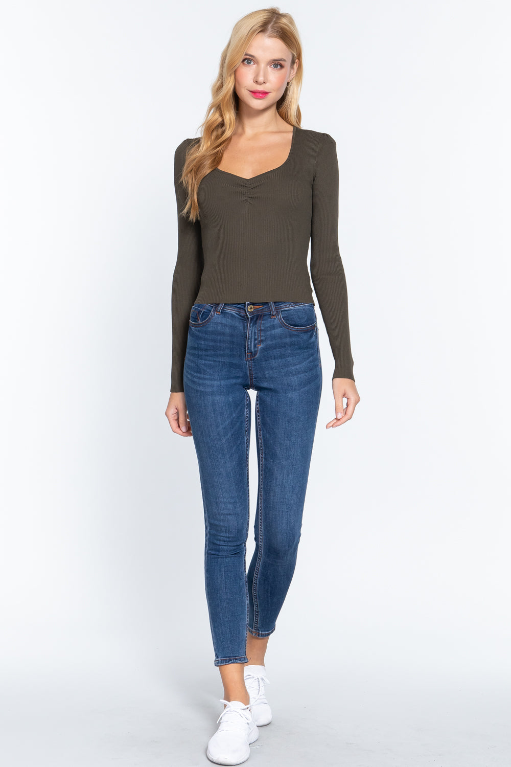 Olive Shirred Sweetheart Neck Ribbed Sweater Secondary image