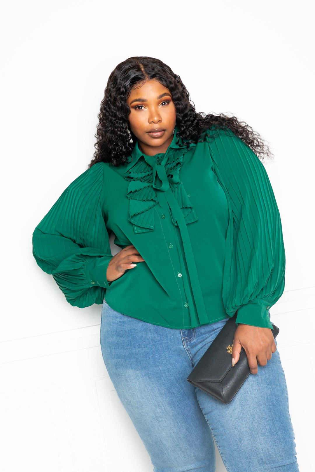 Green Pleated Sleeve Ruffle Tie-Neck Blouse Secondary image