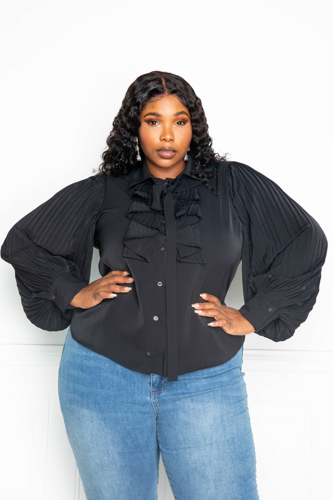 Black Pleated Sleeve Ruffle Blouse With Bow Secondary image