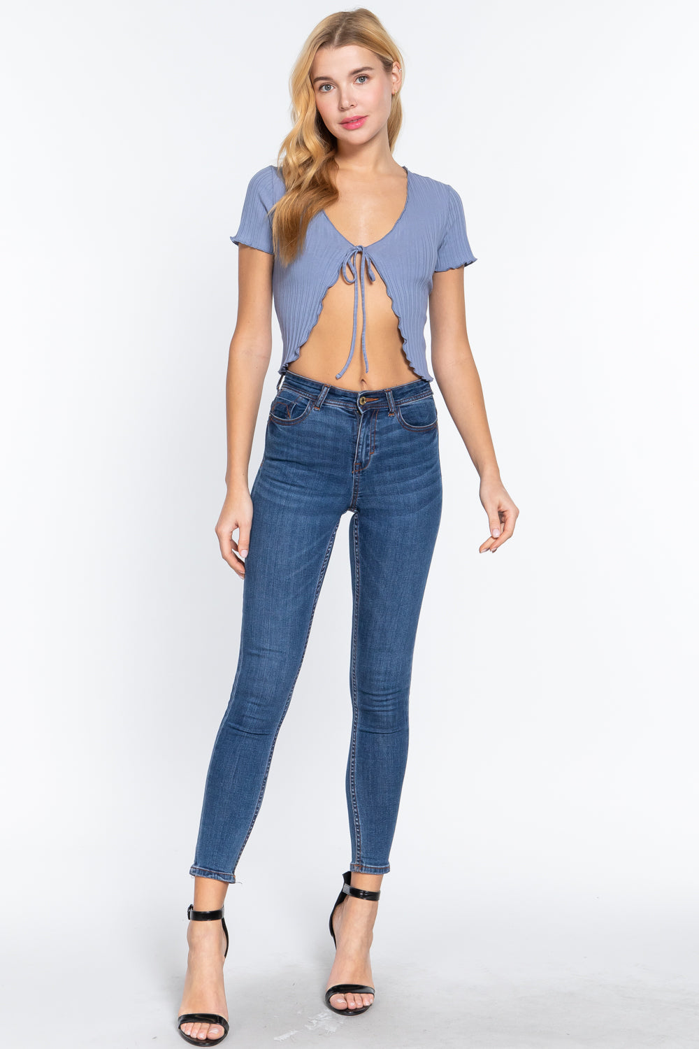 Iris Blue Ribbed Short-Sleeve Tie Cardigan Secondary image