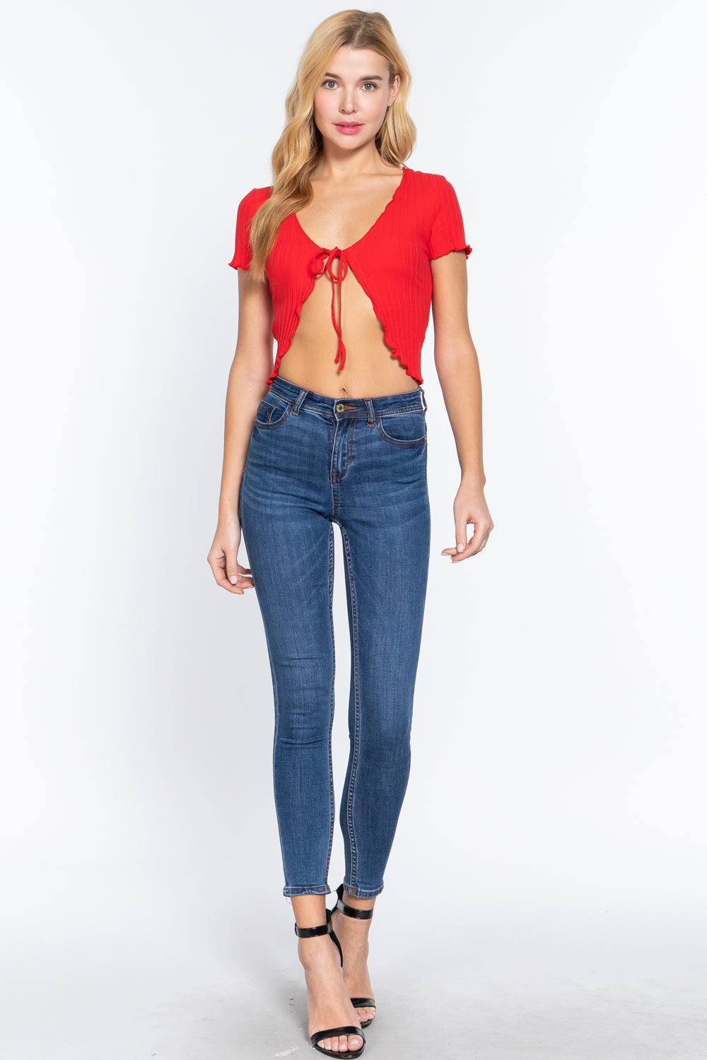 Red Short-Sleeve Rib Tie Cardigan Secondary image