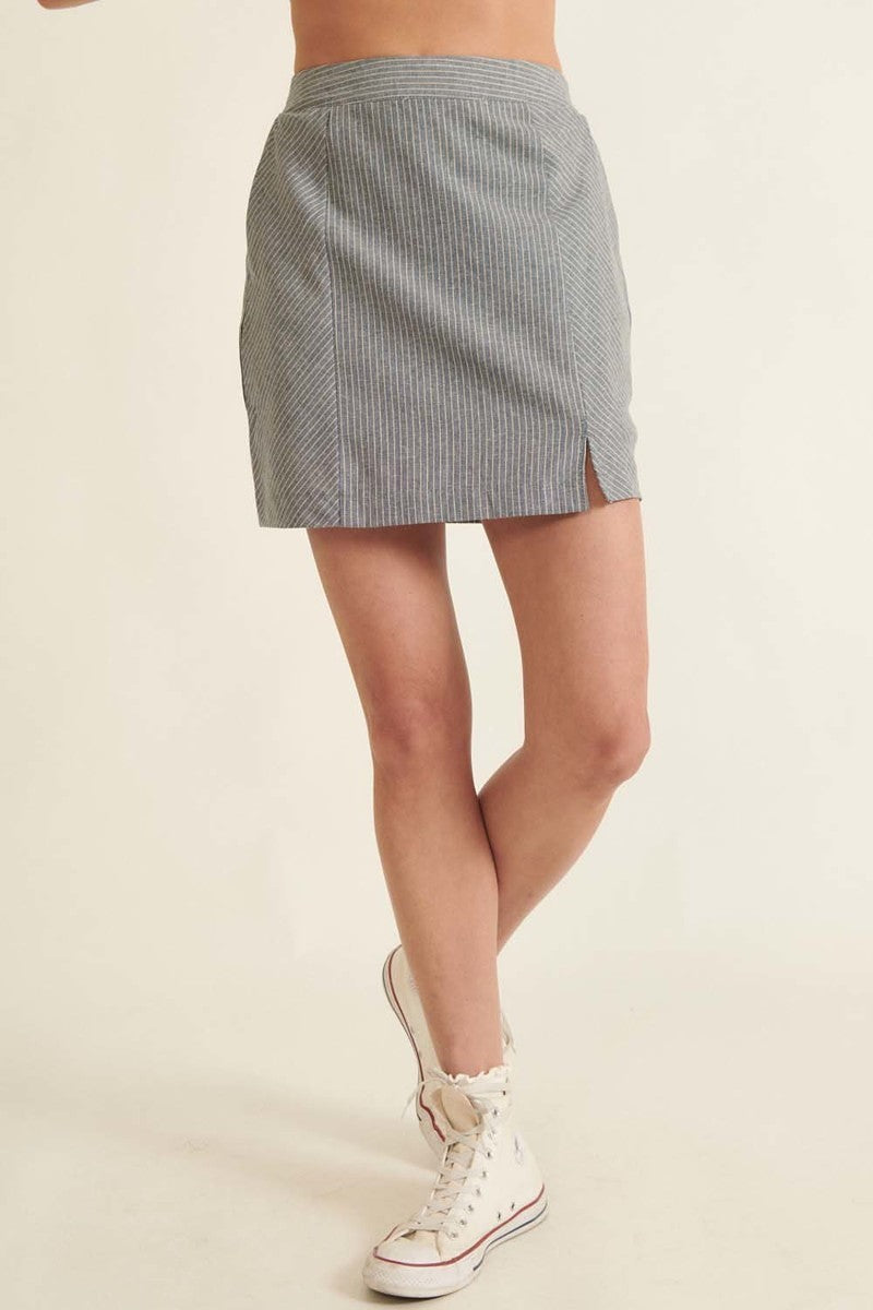 Denim Blue Pinstripe Mini Skirt with Banded Waist Secondary image