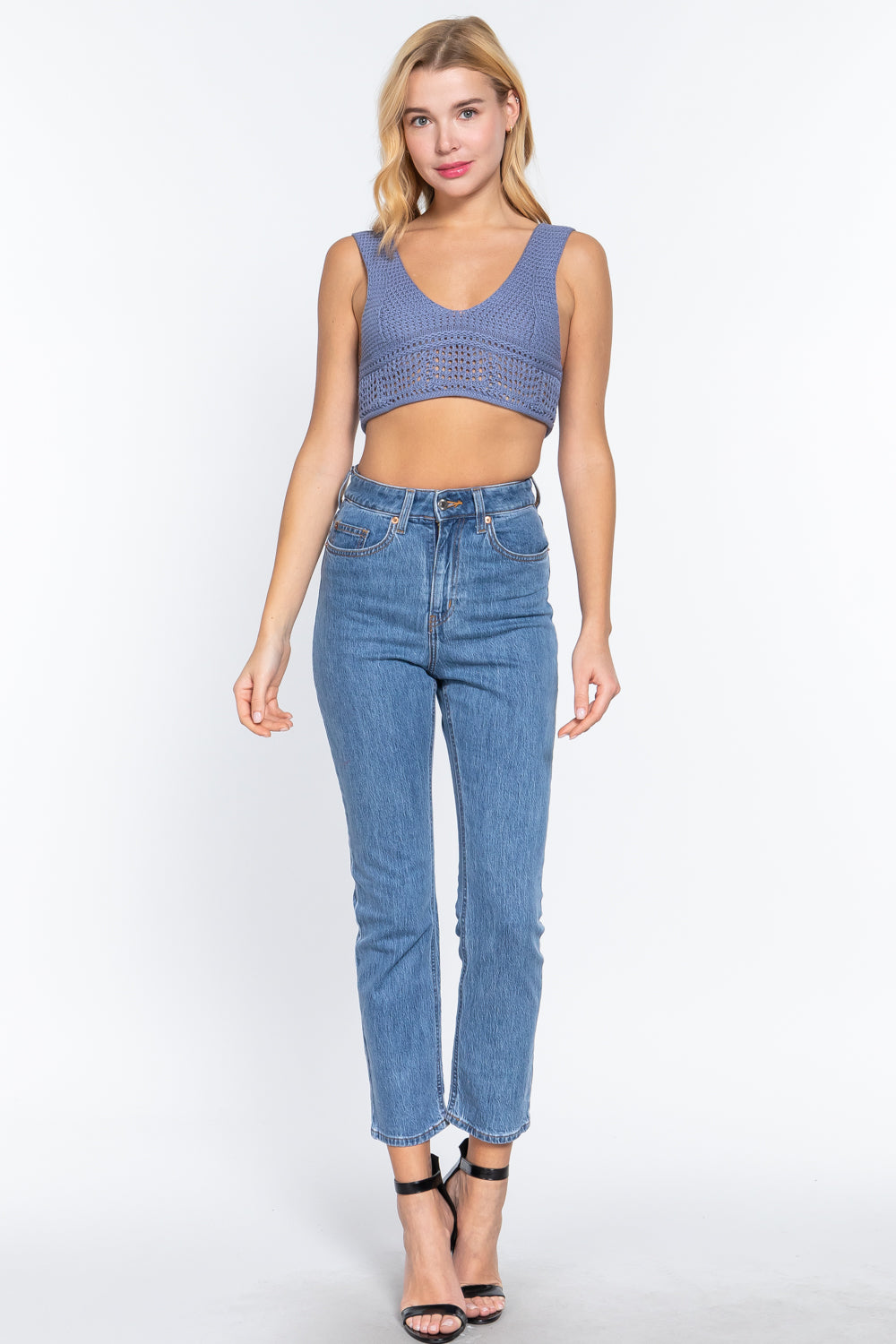 Mid Blue Textured Knit Cropped Tank Top Secondary image