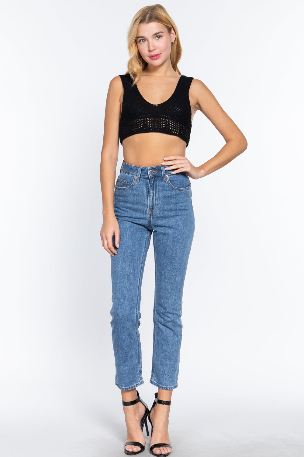 Textured Black Knit Crop Tank Top Secondary image