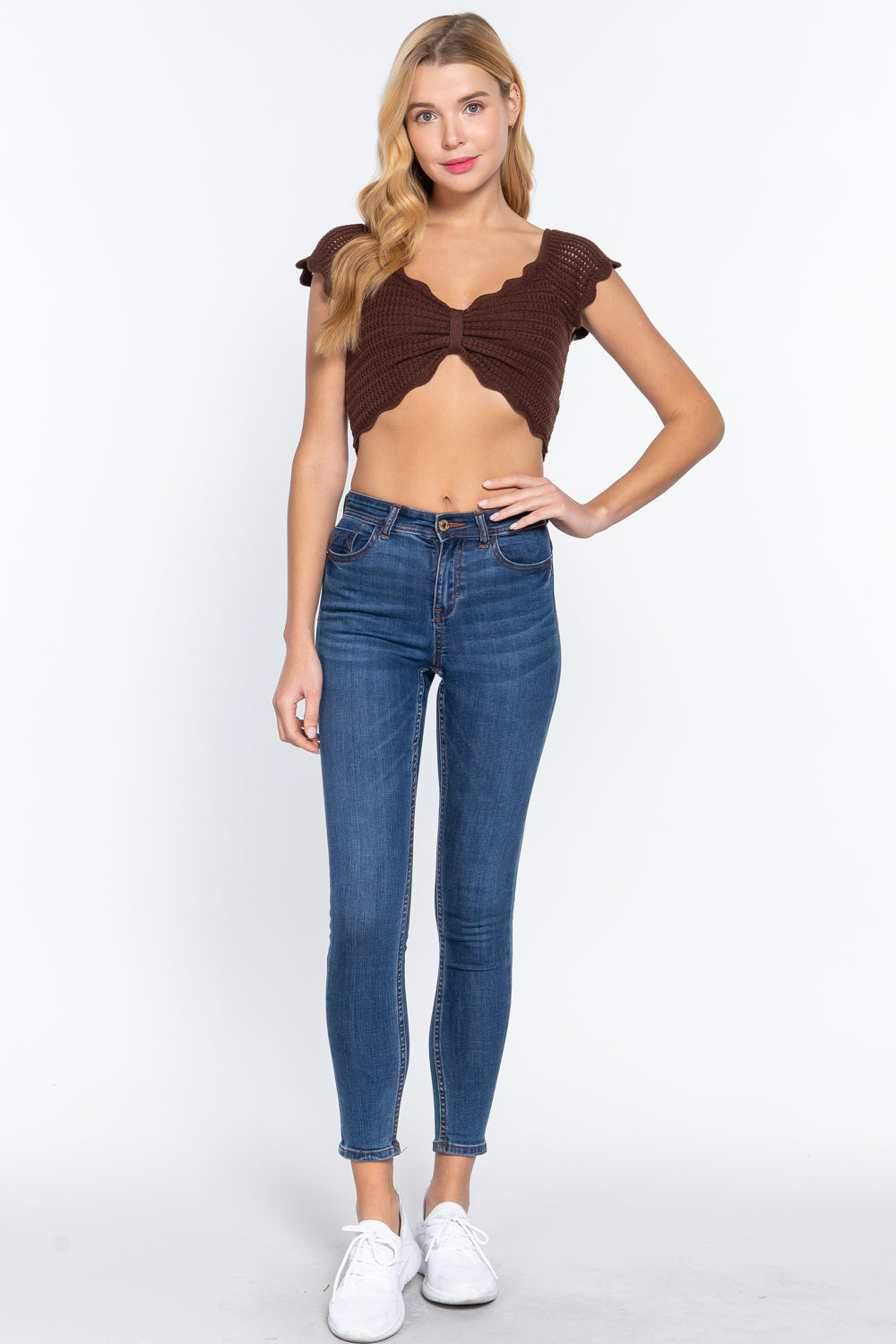 Chocolate V-Neck Knit Crop Top with Front Knot Secondary image