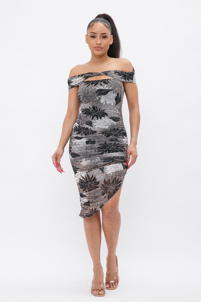 Printed Mesh Off-Shoulder Midi Dress in Black/Grey Secondary image