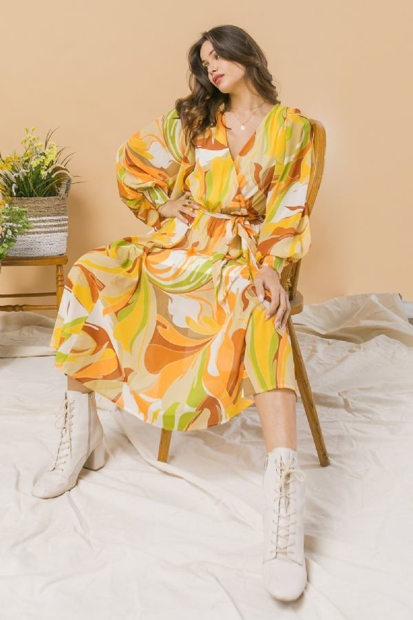 Printed Woven Midi Dress with Sash Tie Secondary image