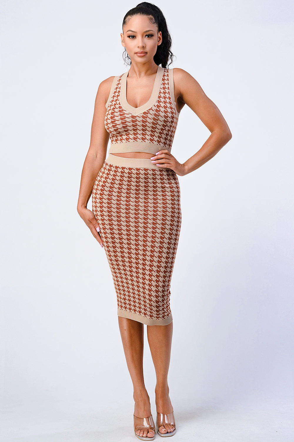 Rib Knit Crop Top and Midi Skirt Set in Taupe/Brown Secondary image