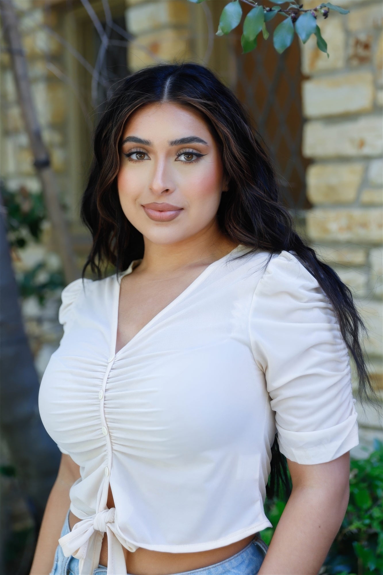 White Ruched Button-Front Tie-Waist Crop Top Secondary image