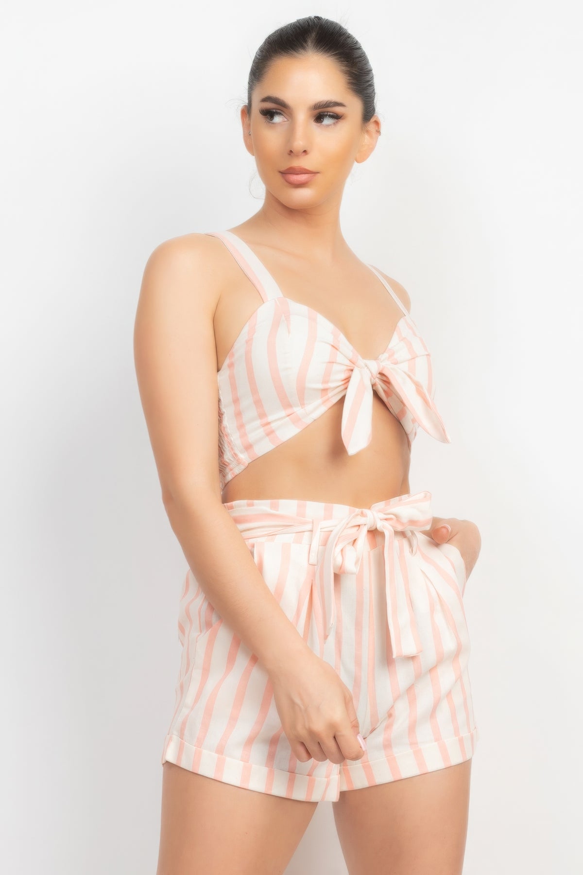 Tie-front Striped Crop Top & Belted Shorts Set