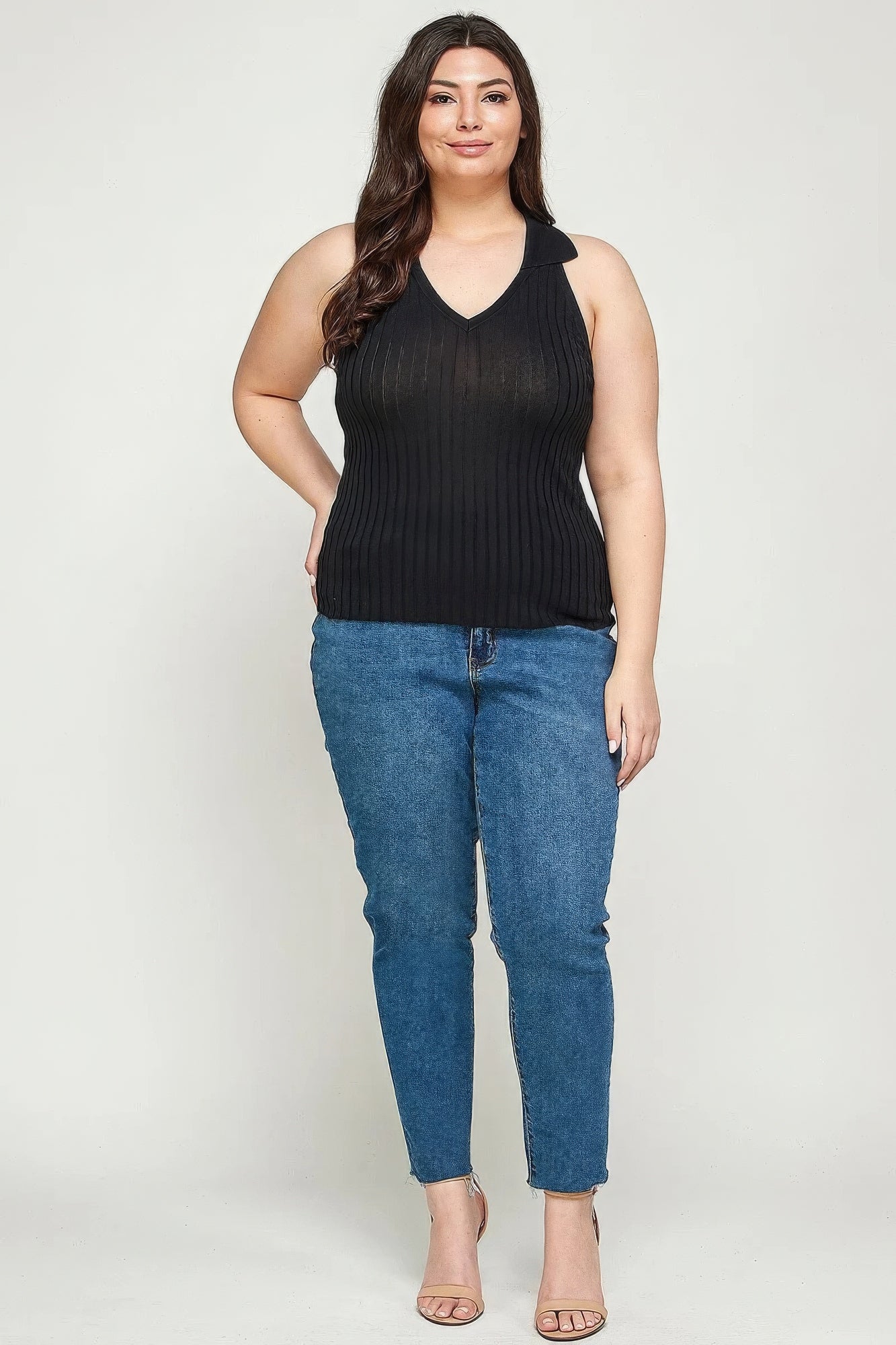 Plus Size Black Ribbed Polo Collar Tank Top Secondary image
