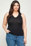 Plus Size, Solid Ribbed Knit Polo Sleeveless Top