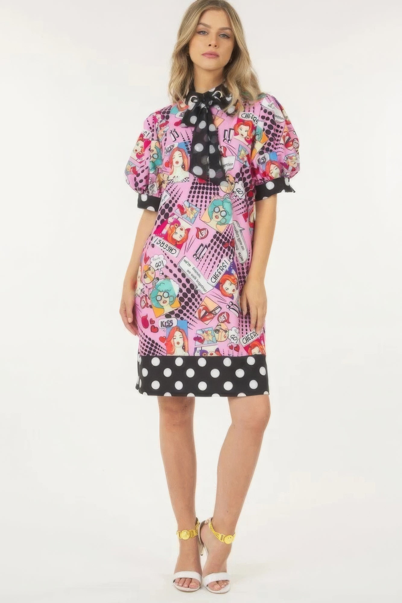 Pink Graphic Print Dress With Polka Dot Trim Secondary image