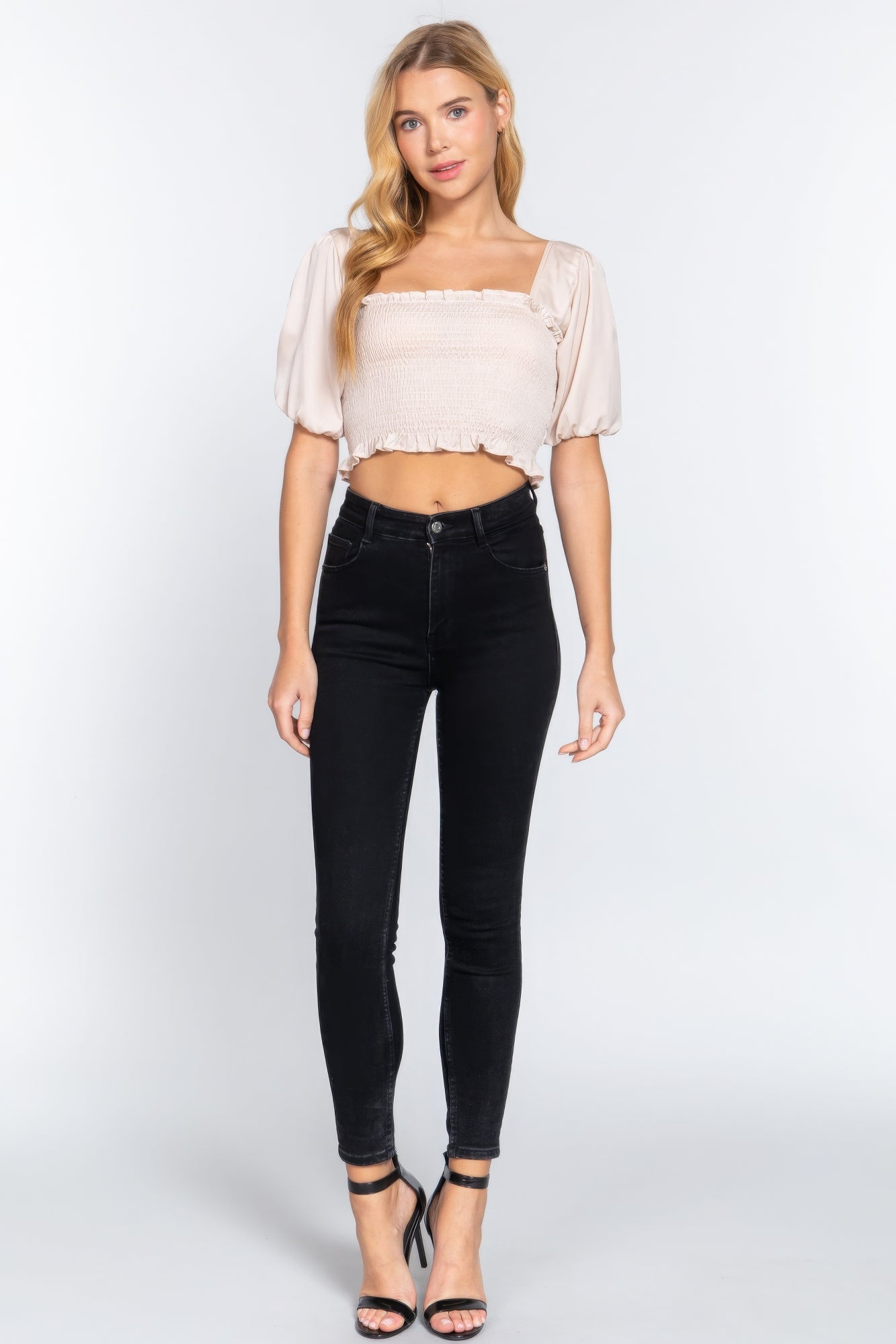 Champagne Smocked Square-Neck Woven Top Secondary image