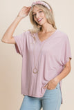 Solid V Neck Casual And Basic Top With Short Dolman Sleeves And Side Slit Hem