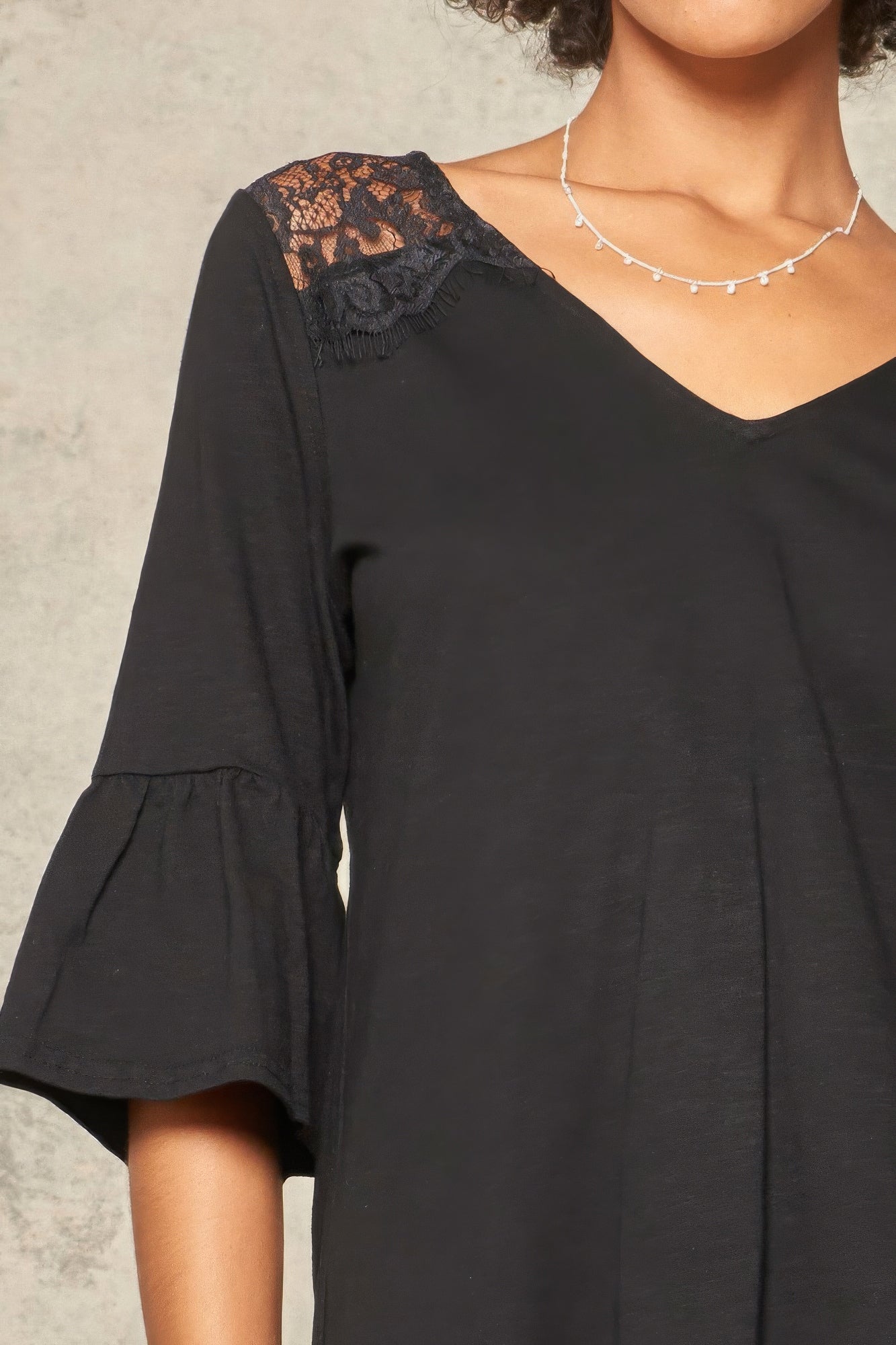 Black Floral Lace Yoke V-Neck Top Secondary image