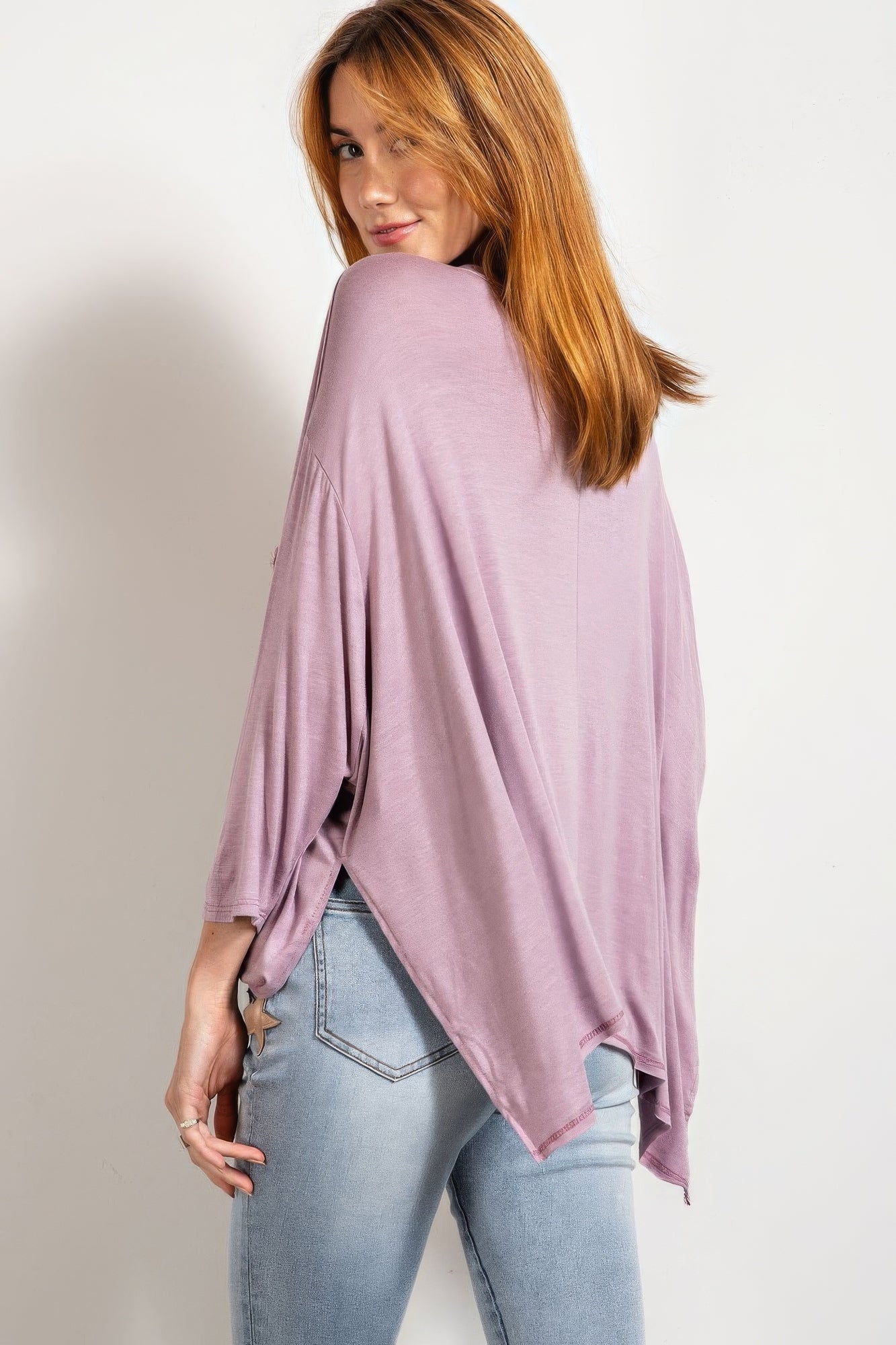 Dusty Lavender Washed Top with Pocket and 3/4 Sleeves Secondary image