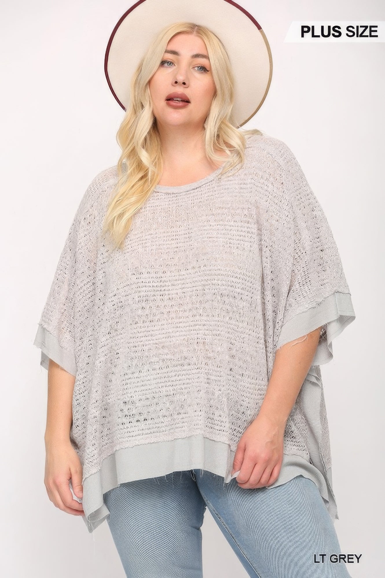 Plus Size Light Grey Mixed-Texture Poncho Top Secondary image