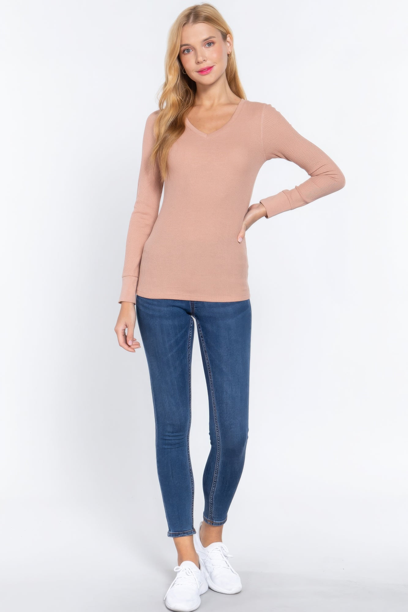 Pale Blush Ribbed V-Neck Thermal Top Secondary image