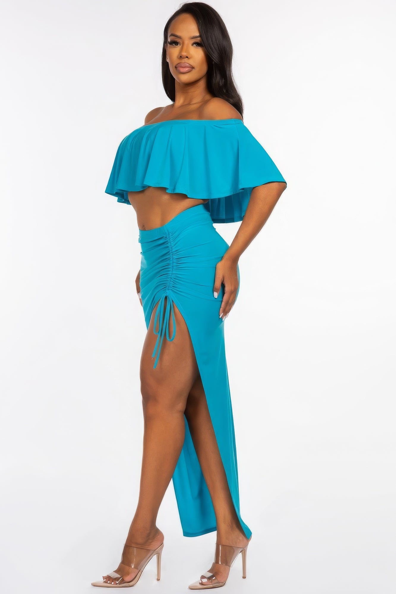 Jade Off-Shoulder Crop Top and Ruched Maxi Skirt Set Secondary image