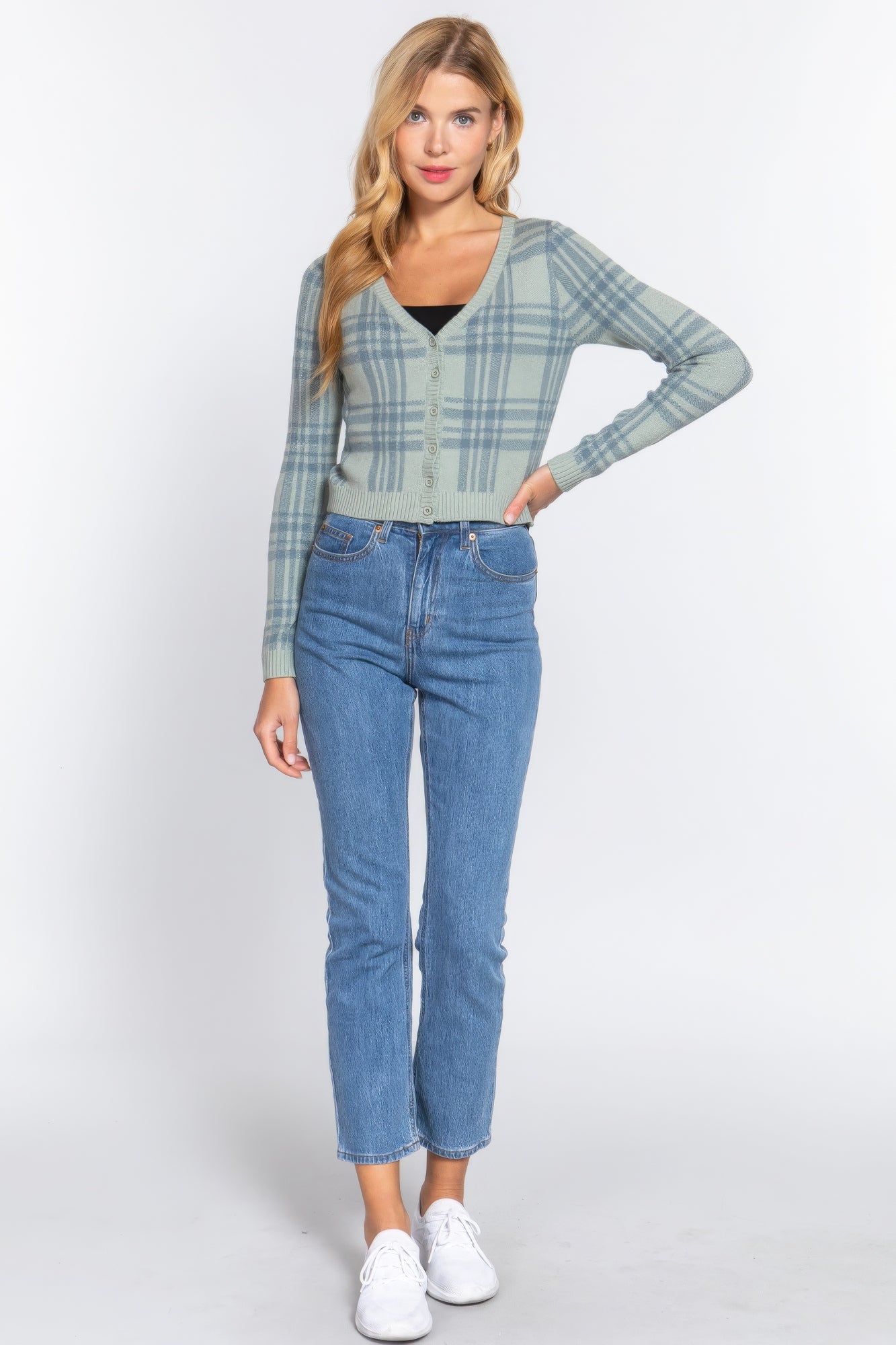 Dusty Sage Plaid V-Neck Button-Front Cardigan Secondary image