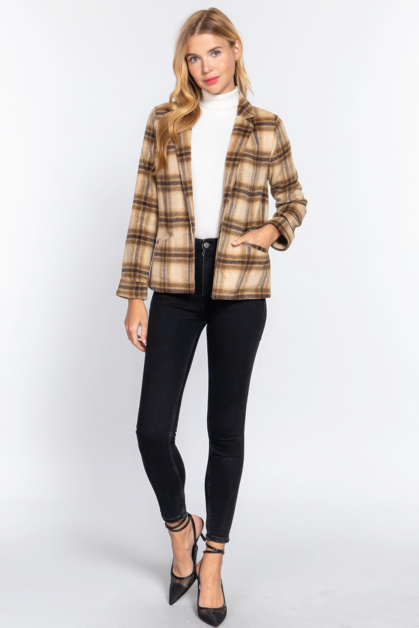 Taupe and Brown Plaid Notched Collar Jacket Secondary image