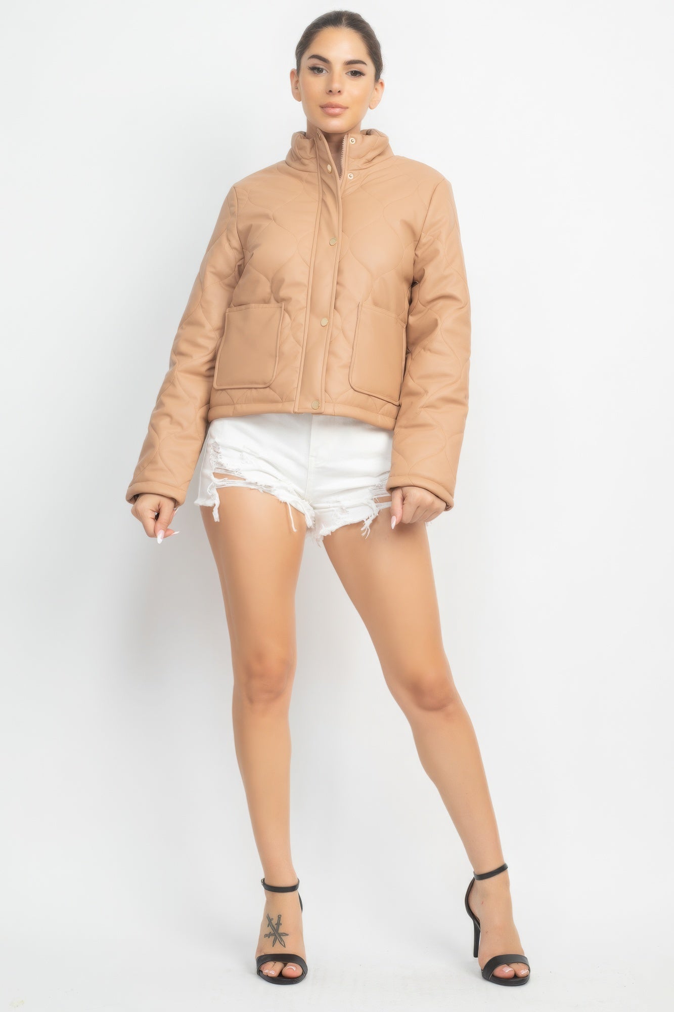 Taupe Quilted Hooded Jacket With Front Pockets Secondary image