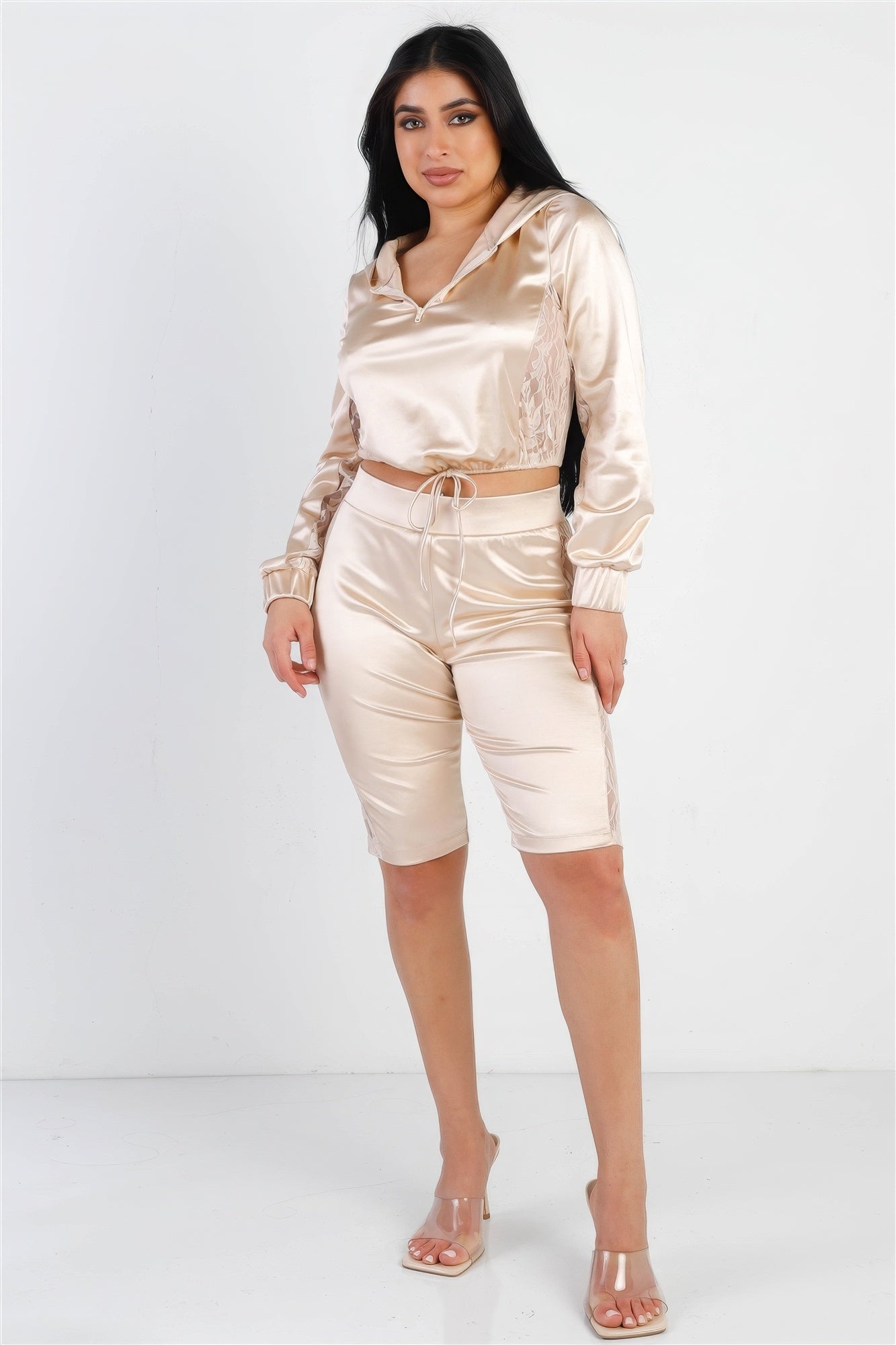 Champagne Satin Lace Panel Hoodie and Shorts Set Secondary image