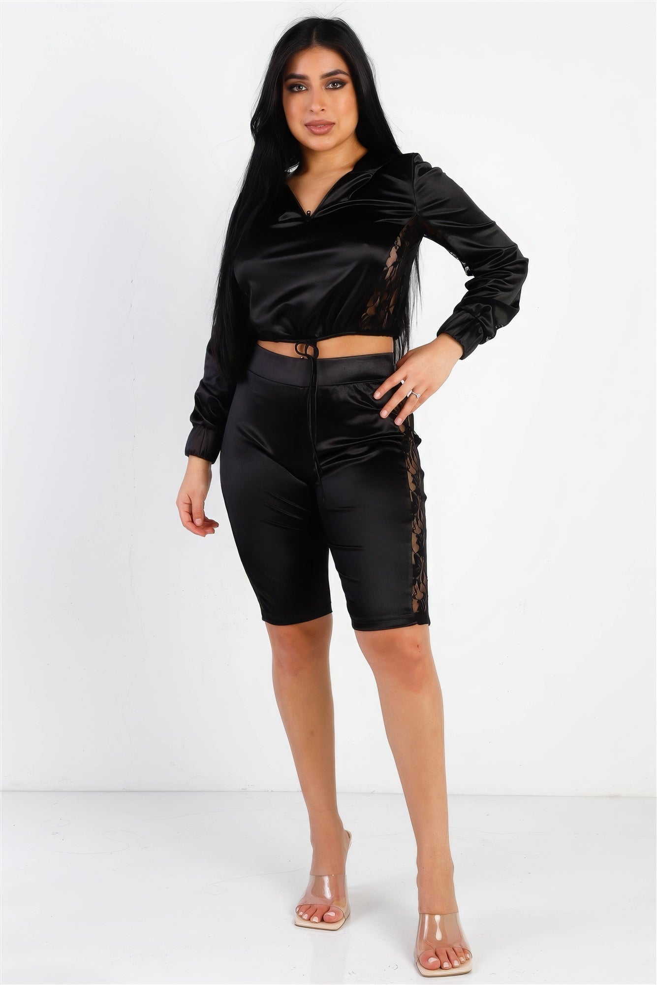 Black Satin-Effect Lace Panel Crop Top and Shorts Set Secondary image