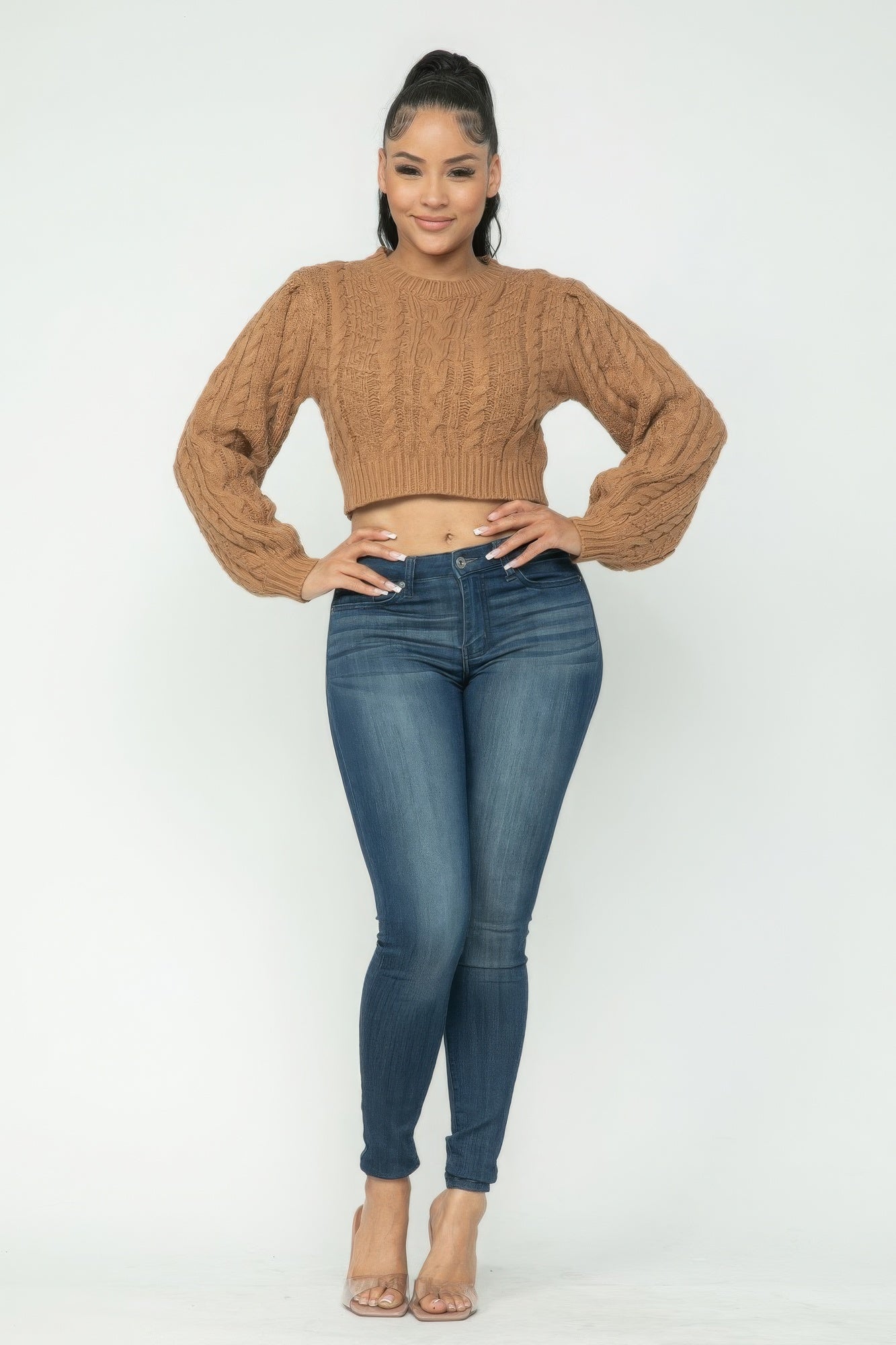 Mocha Cable-Knit Cropped Sweater Secondary image
