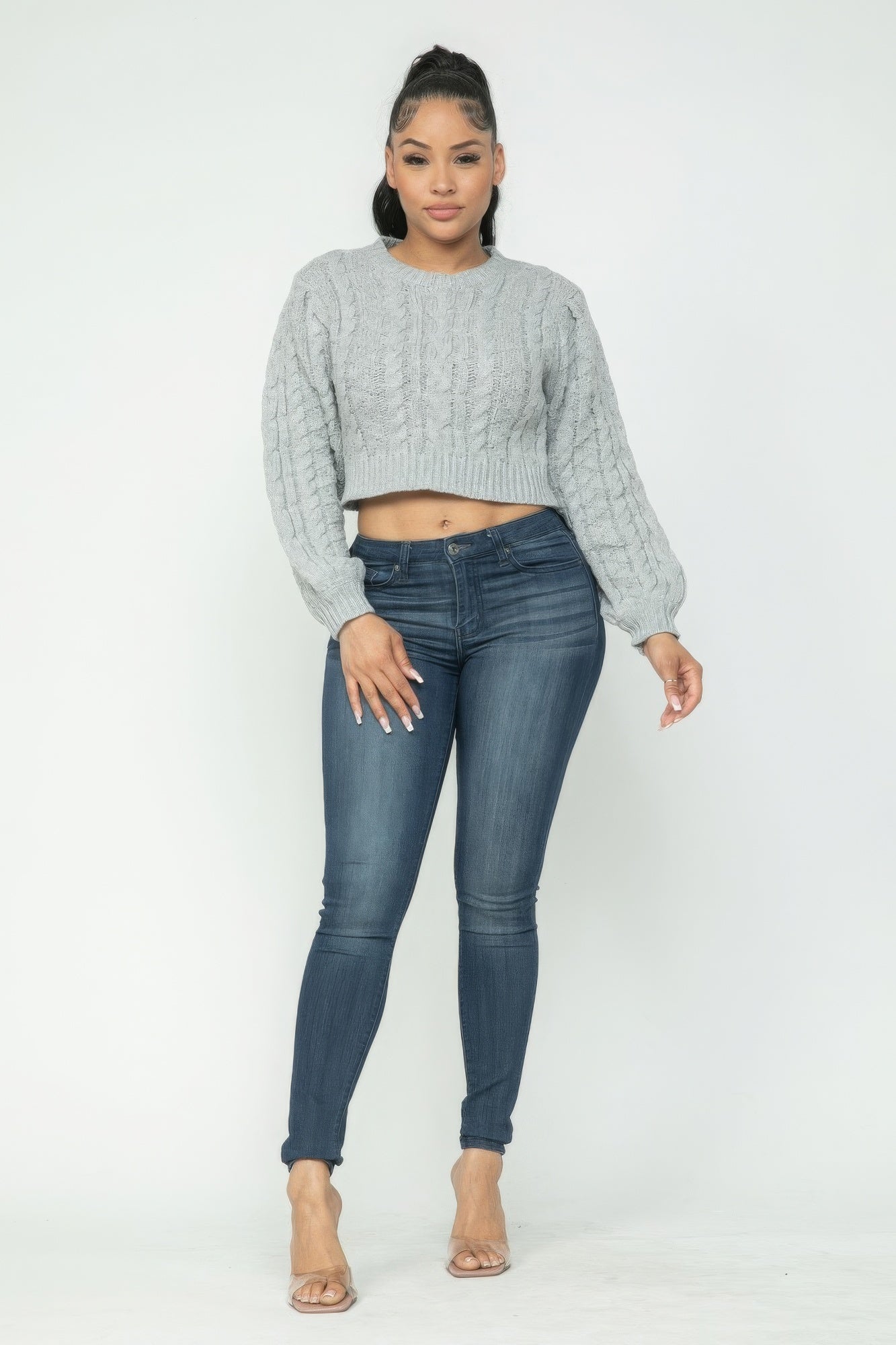 Heather Grey Cable-Knit Cropped Sweater Secondary image