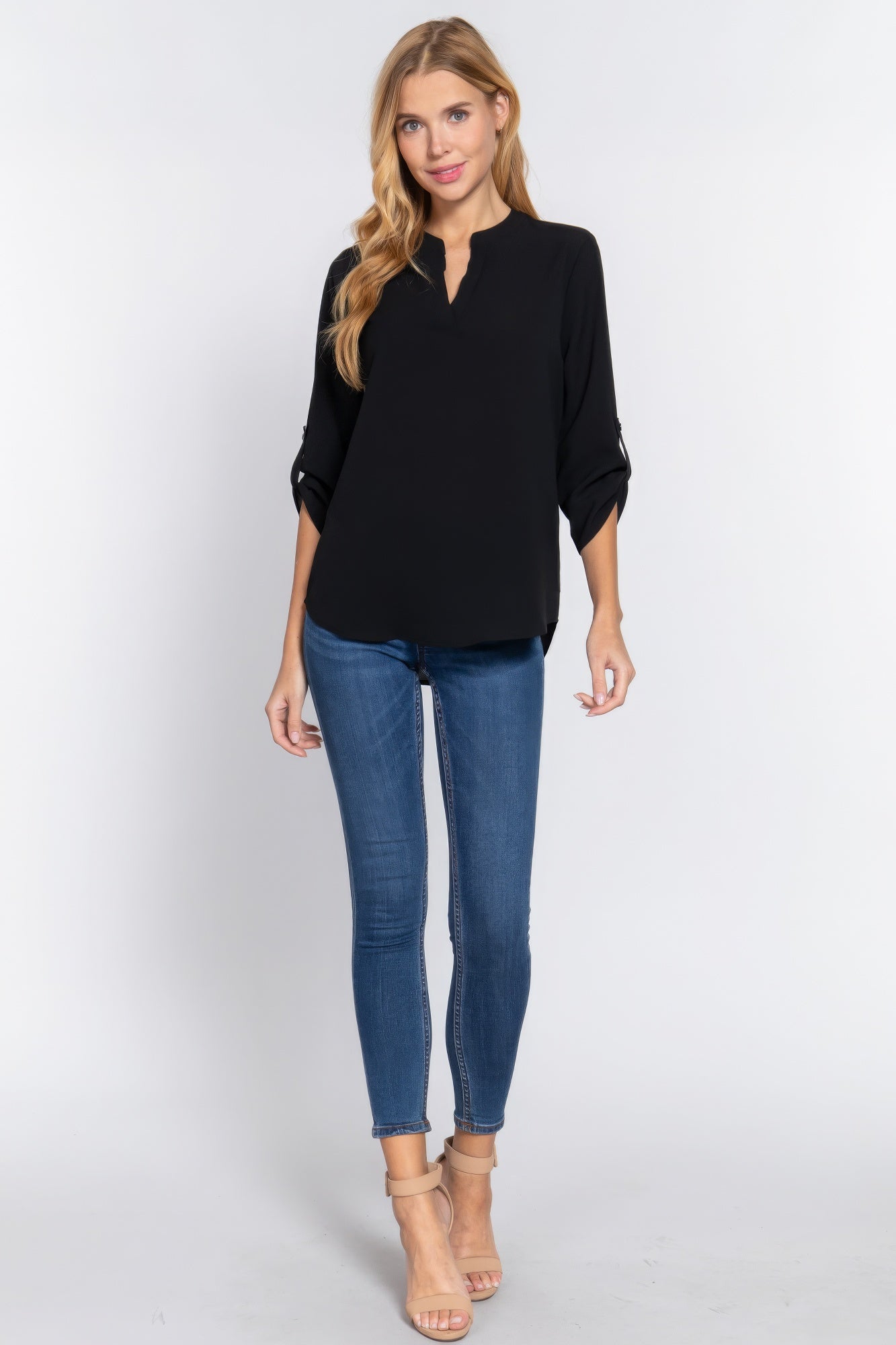 Black V-Neck 3/4-Sleeve Woven Blouse Secondary image