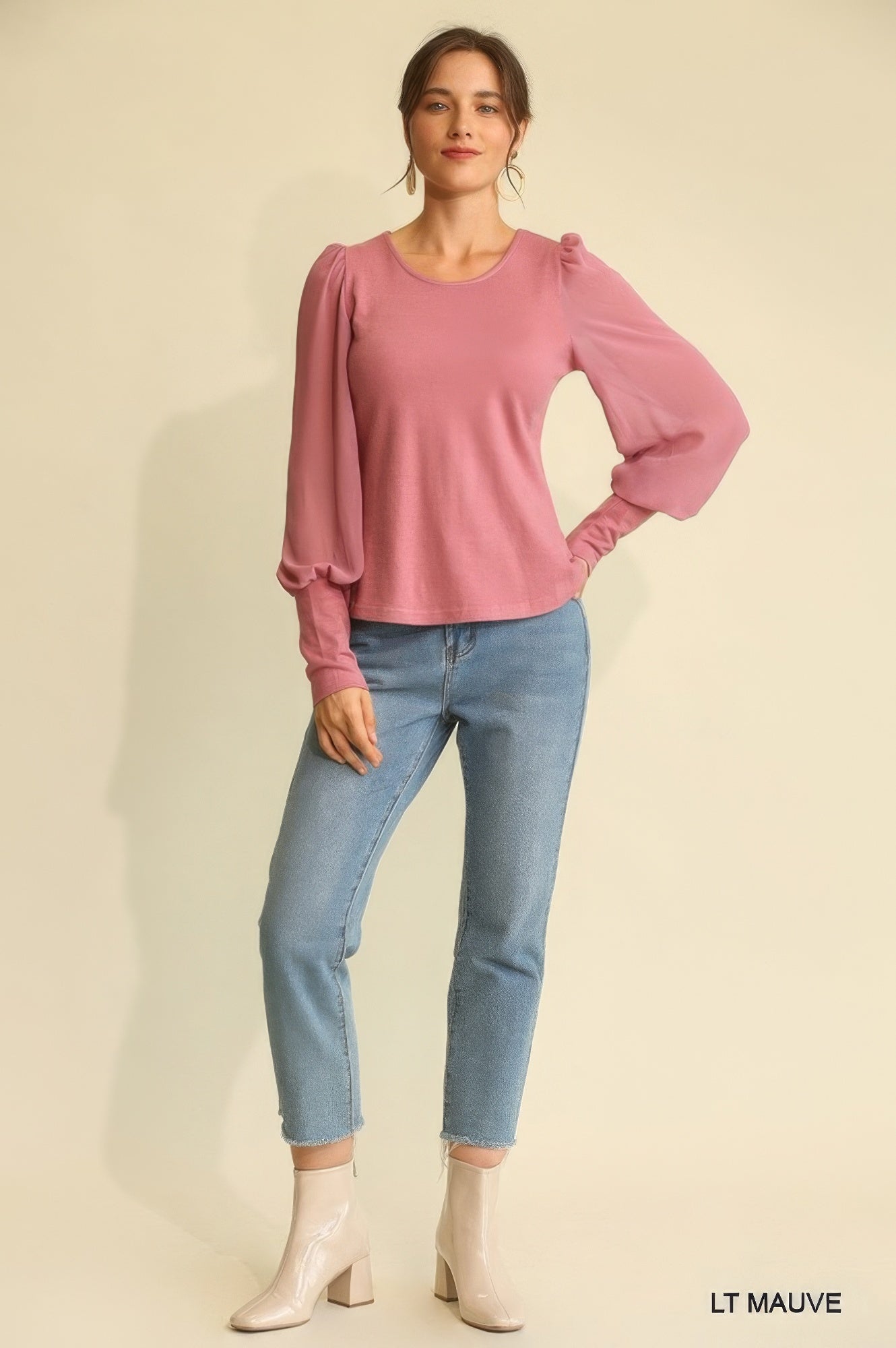 Mauve Knit and Chiffon Puff-Sleeve Top Secondary image